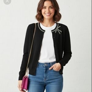 Kate Spade Black Embellished Bow Wool Blend Cardigan Sweater Size XXS
